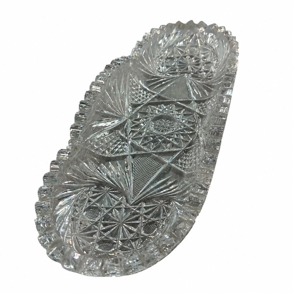 Vintage Cut Crystal Relish Tray 12 Inch Oval Clear Serving Dish Pinwheel Pattern